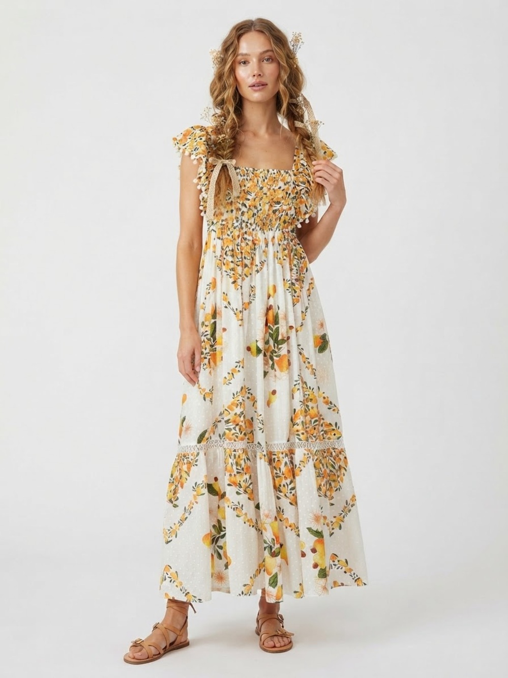 Farm Rio Off White Cashew Cross Back Maxi Dress Cottagecore Earthy Feminine Boho